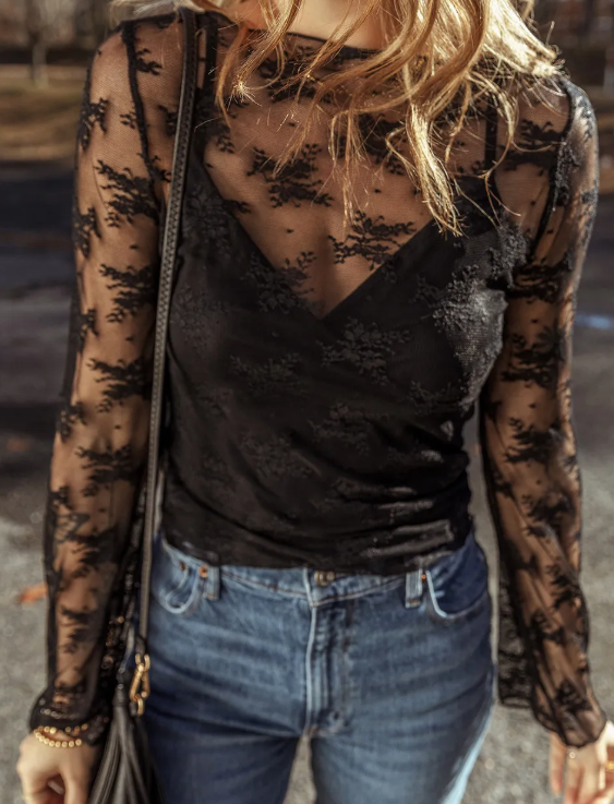Black Lace Mesh Blouse