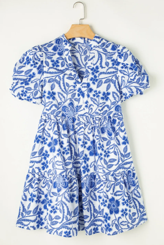 Blue Flower Print Puff Sleeve Tiered Dress