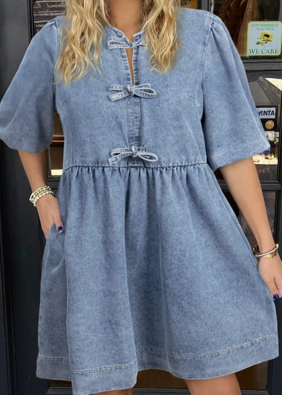 Bowknot Bubble Sleeve Denim Dress
