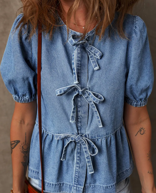 Bowknot Peplum Denim Shirt