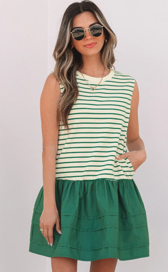 Green Stripe Woven Ruffled Sleeveless Mini Dress