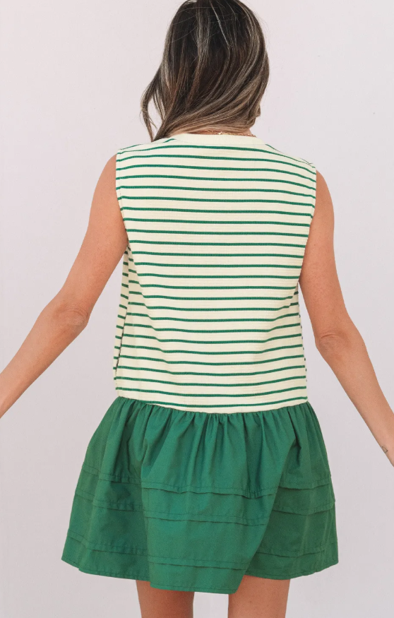 Green Stripe Woven Ruffled Sleeveless Mini Dress