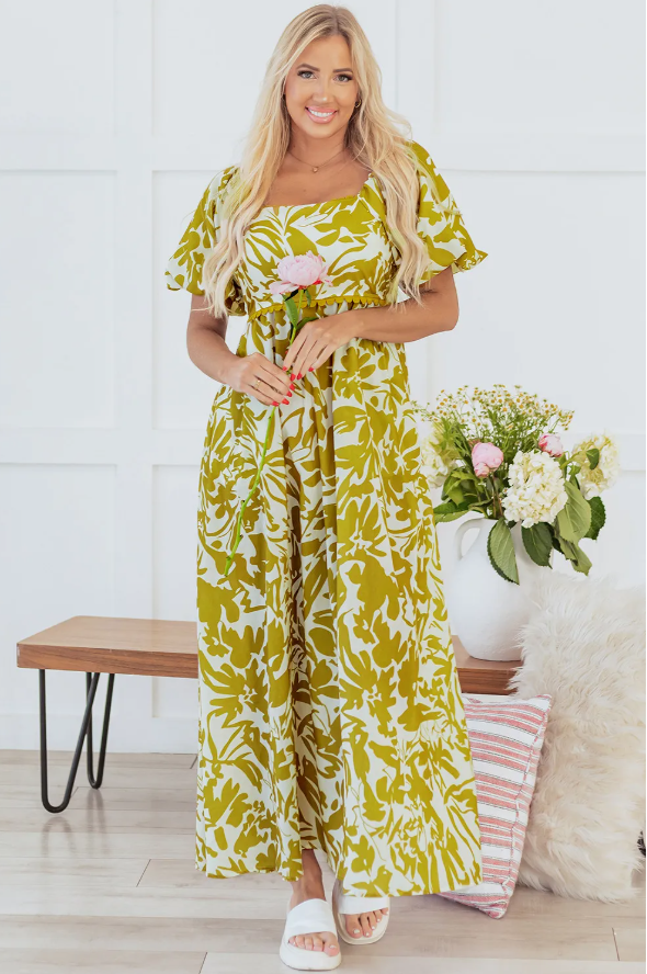 Green Scalloped Trim Square Neck High Waist Floral Maxi Dress