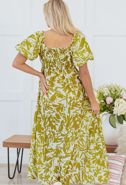 Green Scalloped Trim Square Neck High Waist Floral Maxi Dress