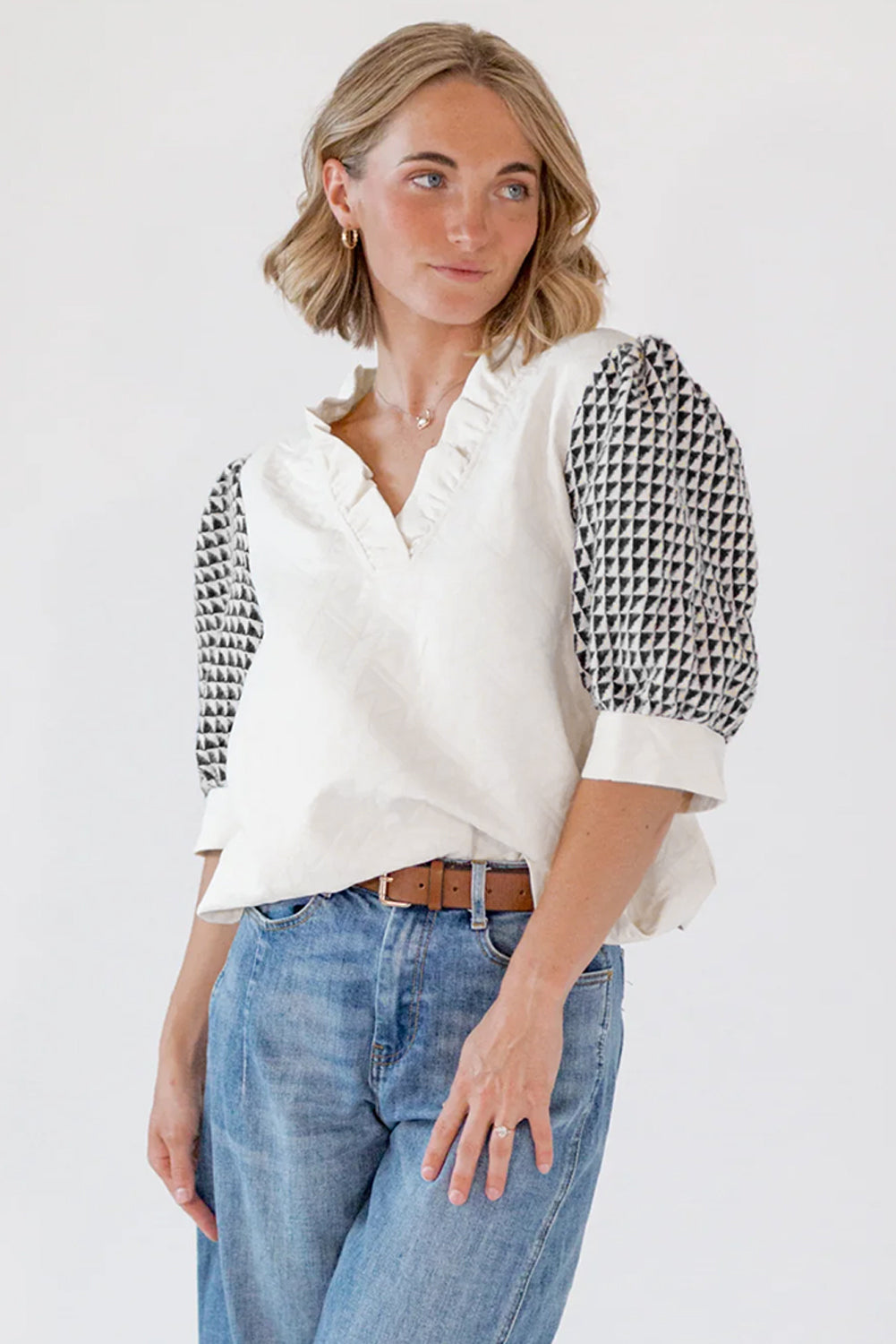 White Geometric Textured V Neck Blouse