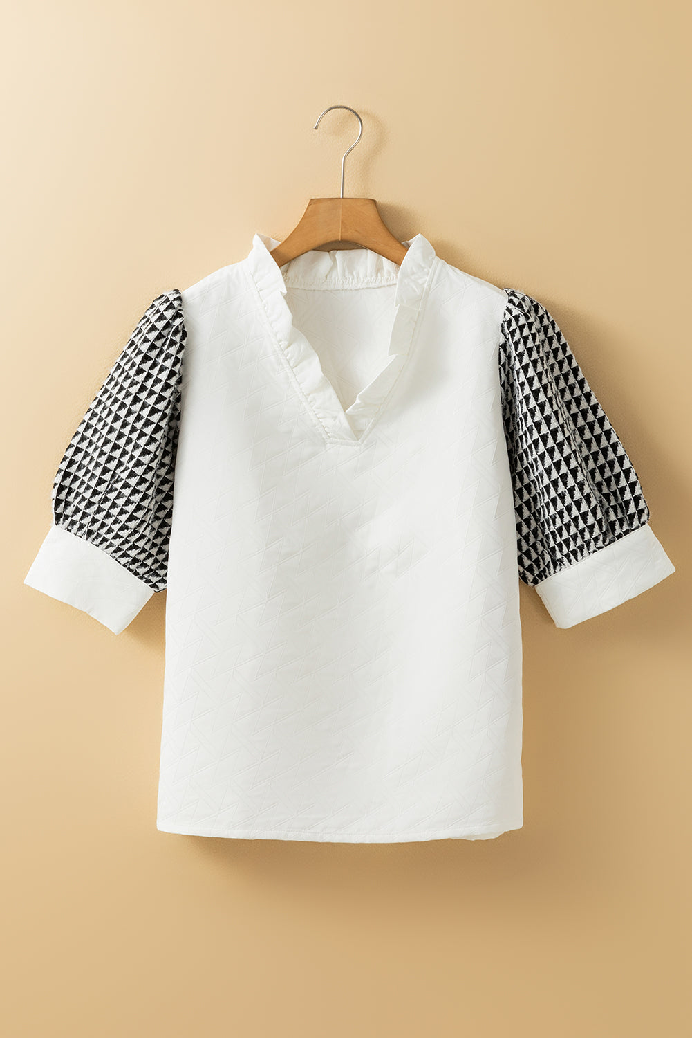 White Geometric Textured V Neck Blouse