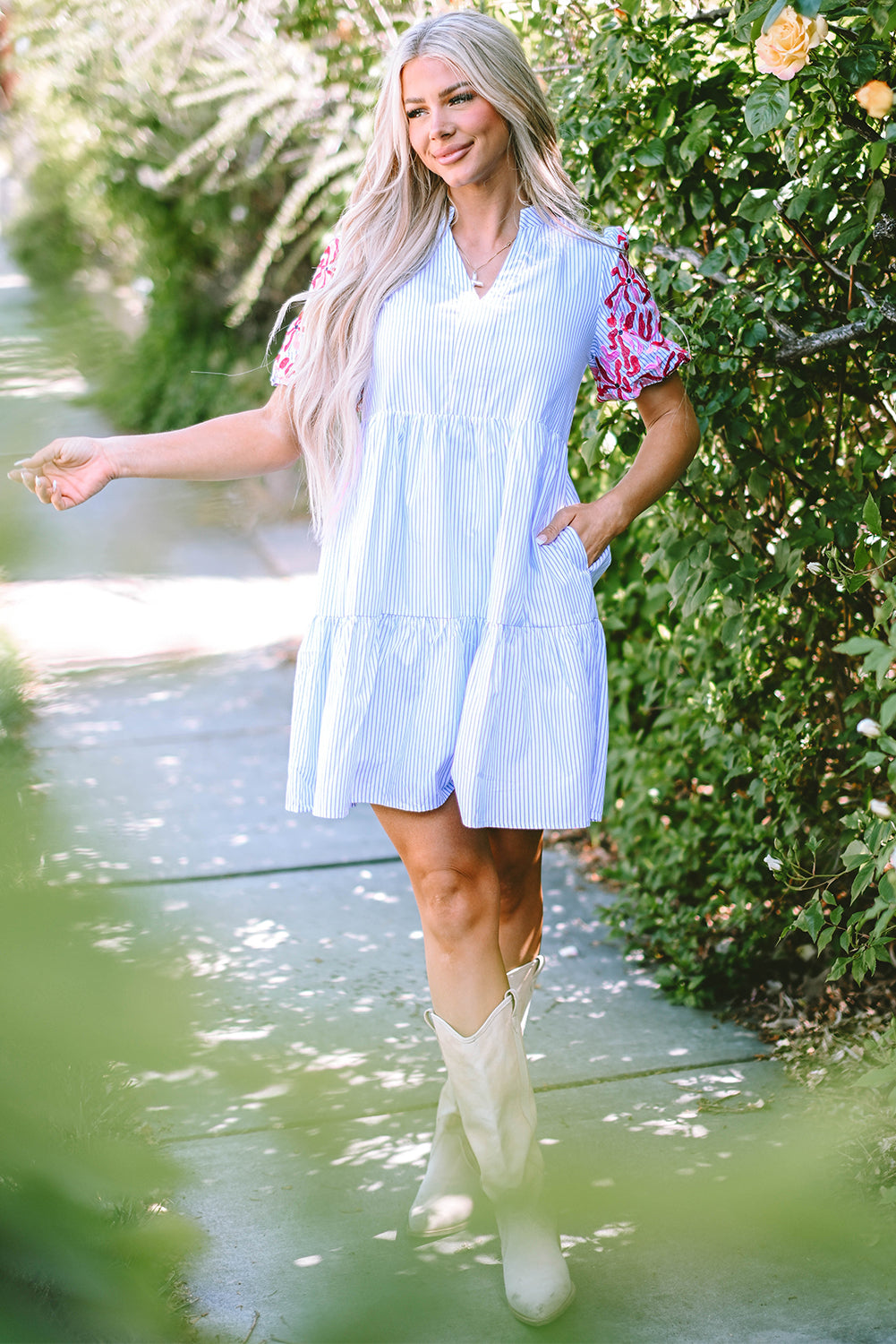 Sky Blue Floral Puff Sleeve Dress