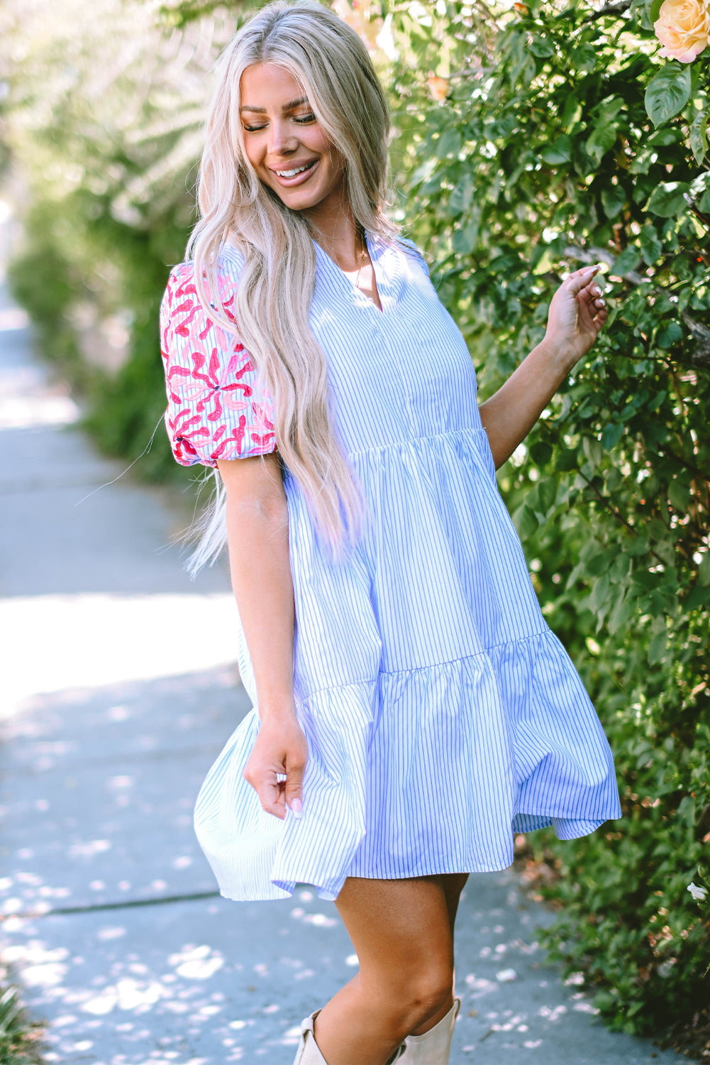 Sky Blue Floral Puff Sleeve Dress