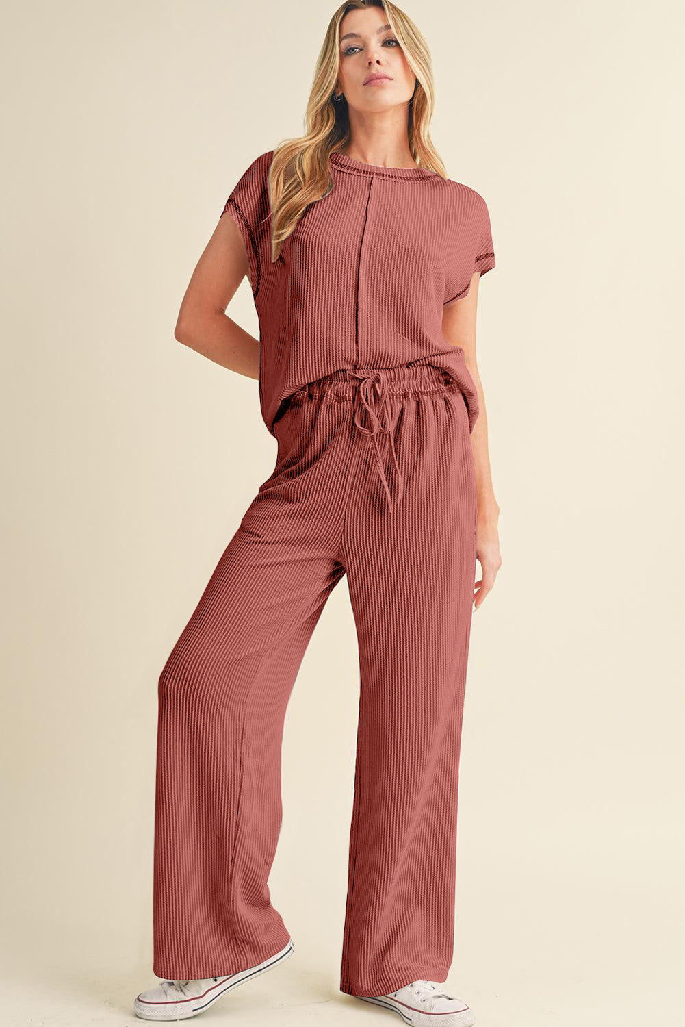 Mineral Red Solid Color Corded Short Sleeve Top and Casual Pants Set