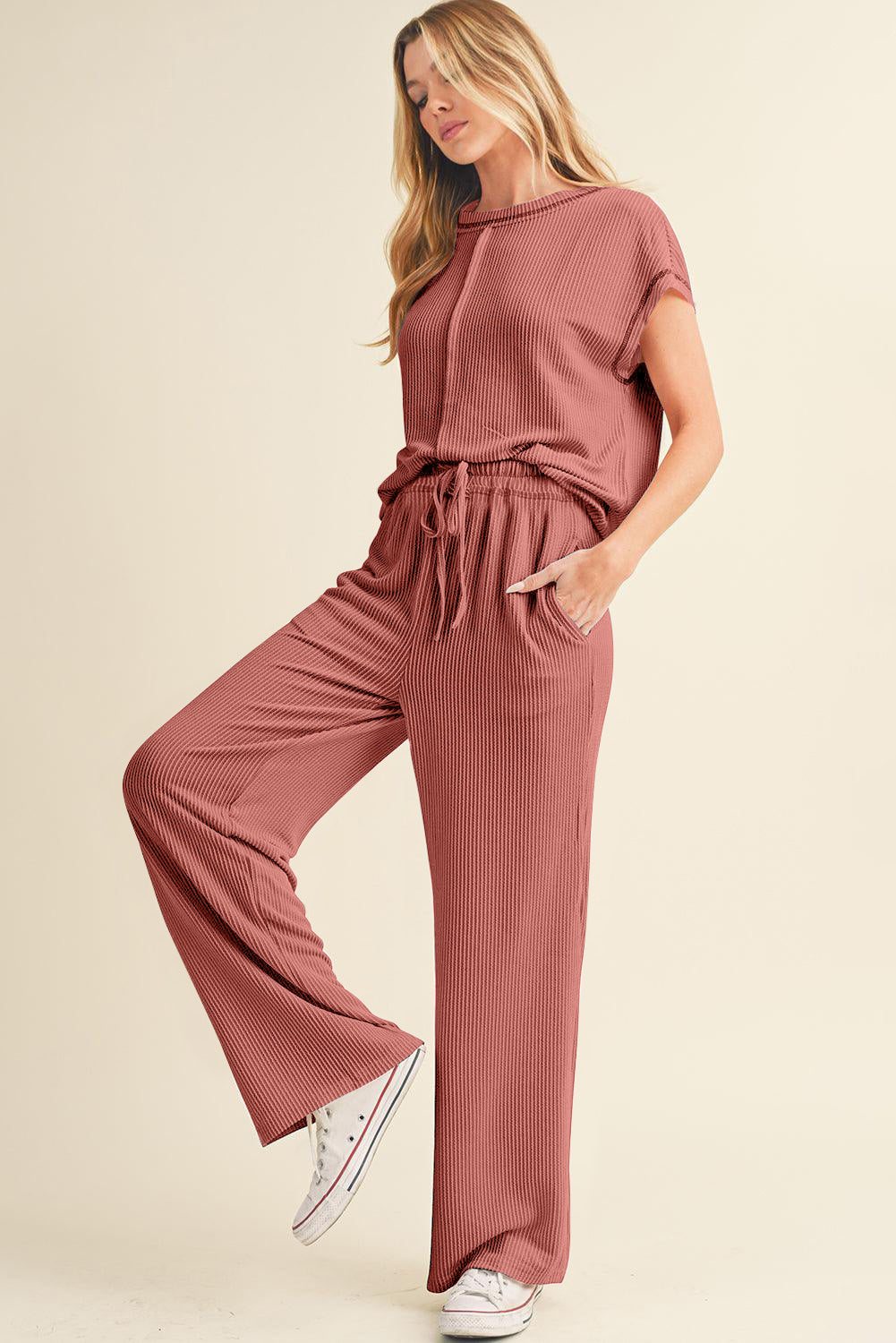 Mineral Red Solid Color Corded Short Sleeve Top and Casual Pants Set