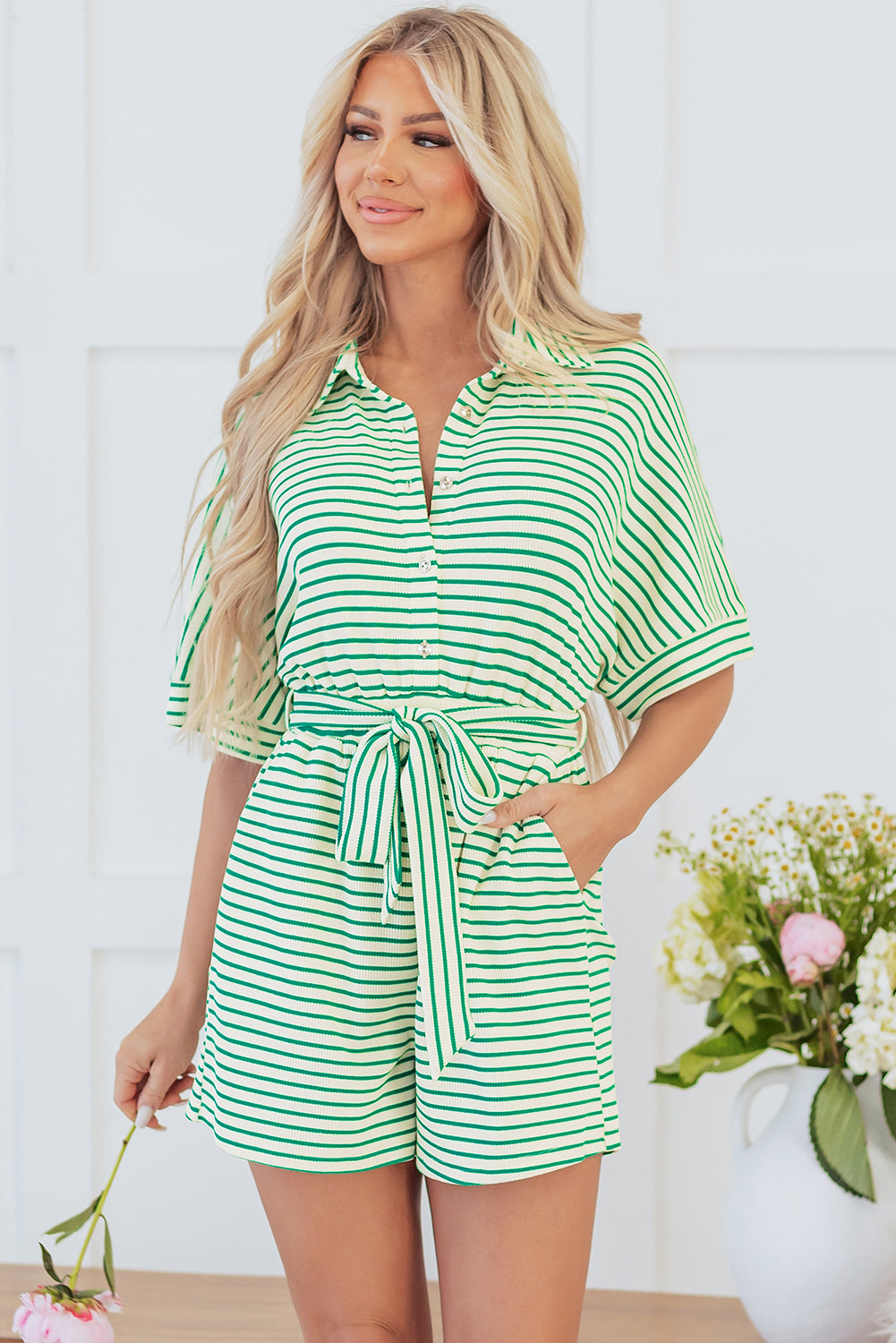 Green Stripe Waist Tie Romper