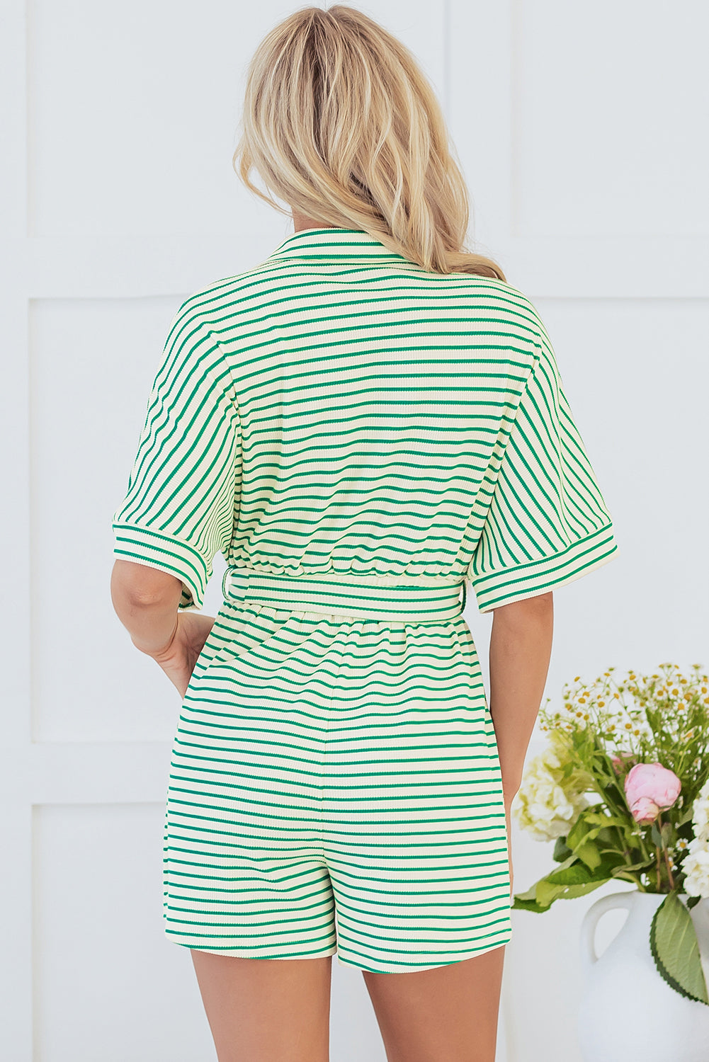 Green Stripe Waist Tie Romper