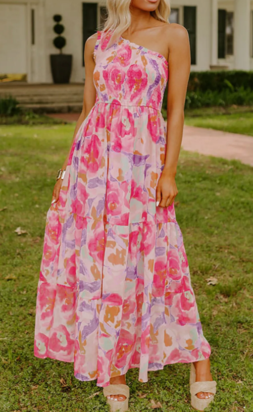 Pink Floral One Shoulder Maxi Dress