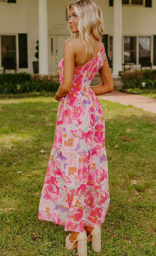 Pink Floral One Shoulder Maxi Dress