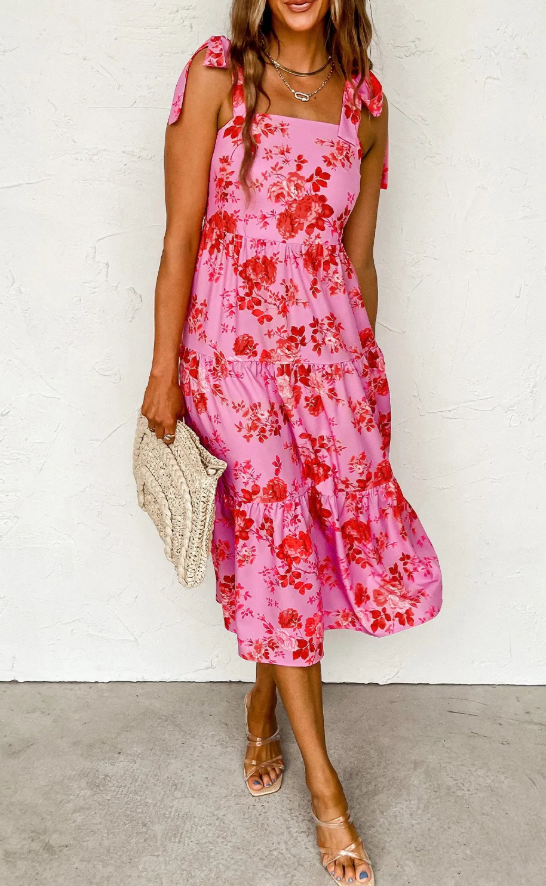 Pink Tie Shoulder Straps Tiered Floral Dress