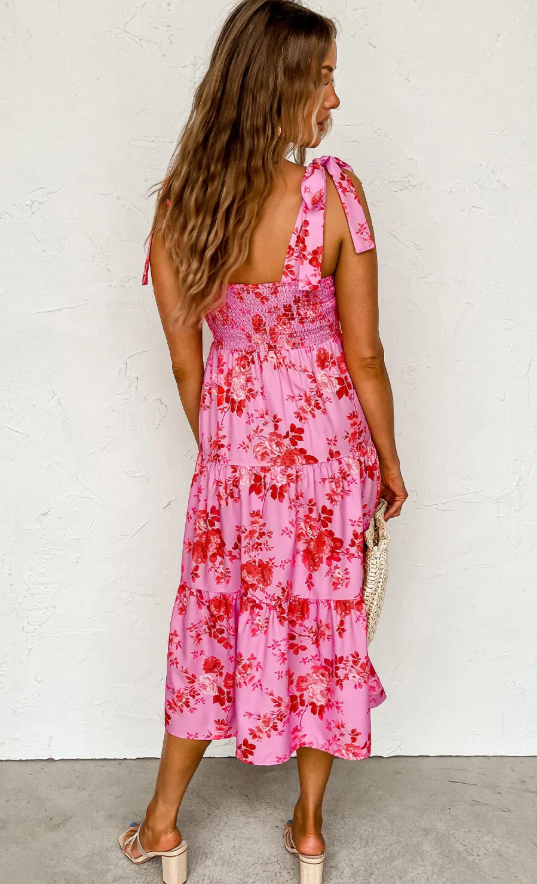 Pink Tie Shoulder Straps Tiered Floral Dress