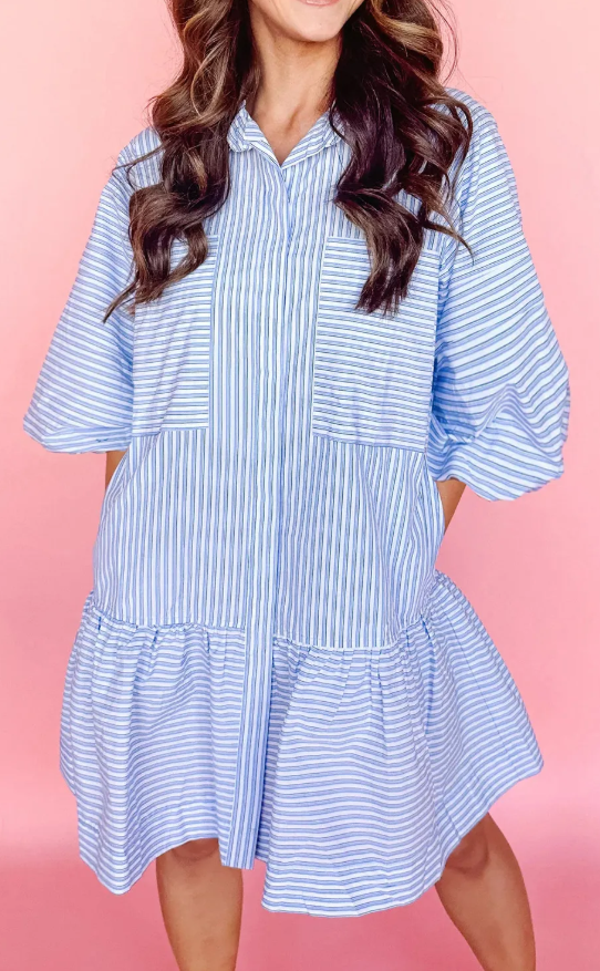 Stripe Bubble Sleeve Chest Pockets Buttoned Shirt Dress