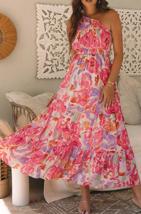 Pink Floral One Shoulder Maxi Dress