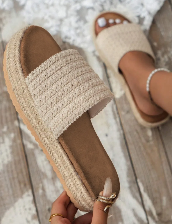 White Boho Woven Non-slip Wedge Slippers