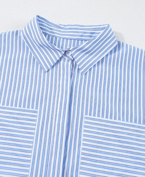 Stripe Bubble Sleeve Chest Pockets Buttoned Shirt Dress