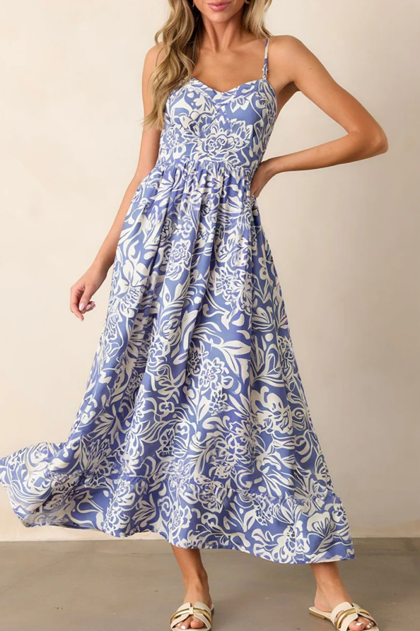 Blue Floral Print Spaghetti Strap Dress