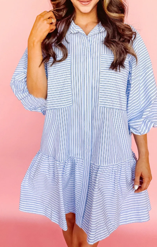 Stripe Bubble Sleeve Chest Pockets Buttoned Shirt Dress