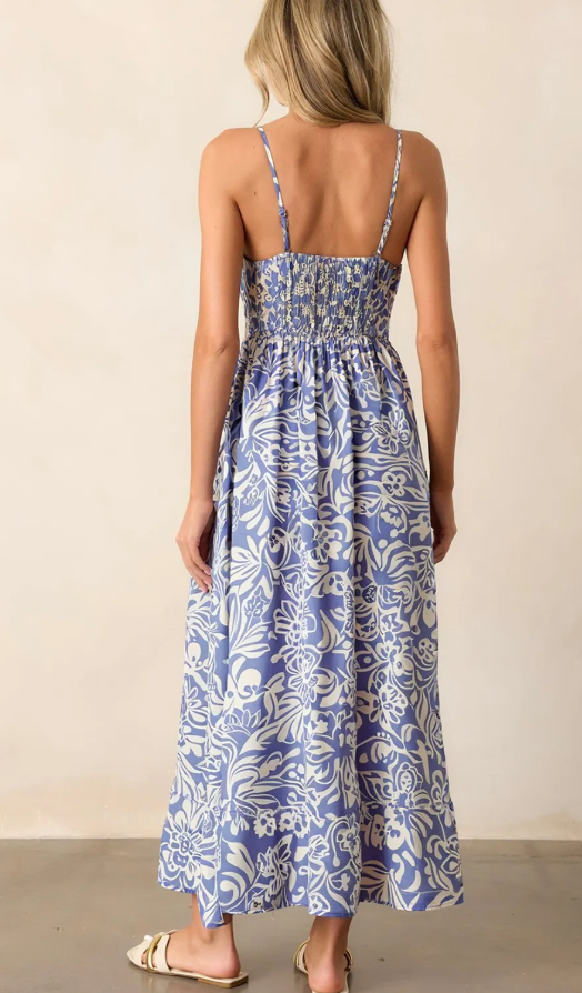 Blue Floral Print Spaghetti Strap Dress