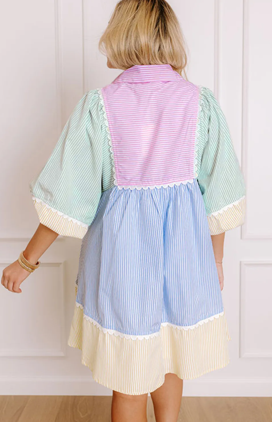 Multicolour Patchwork Puff Sleeve Dress