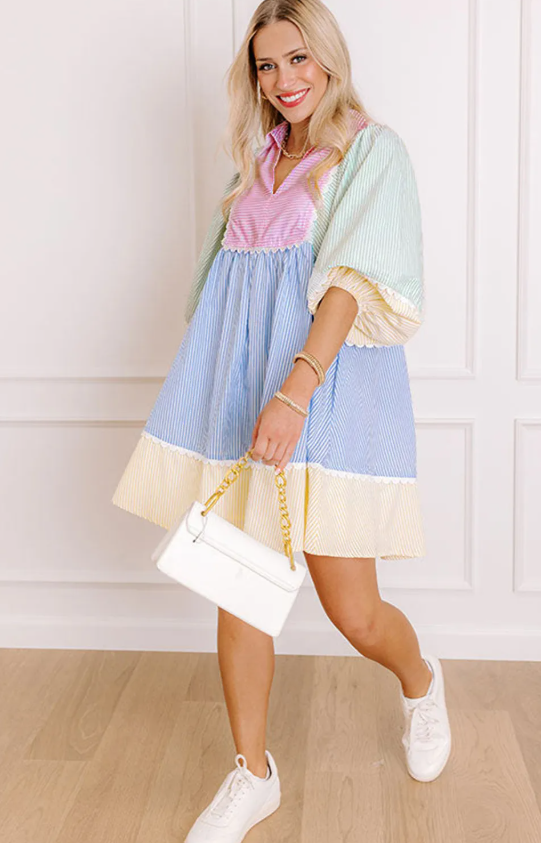 Multicolour Patchwork Puff Sleeve Dress