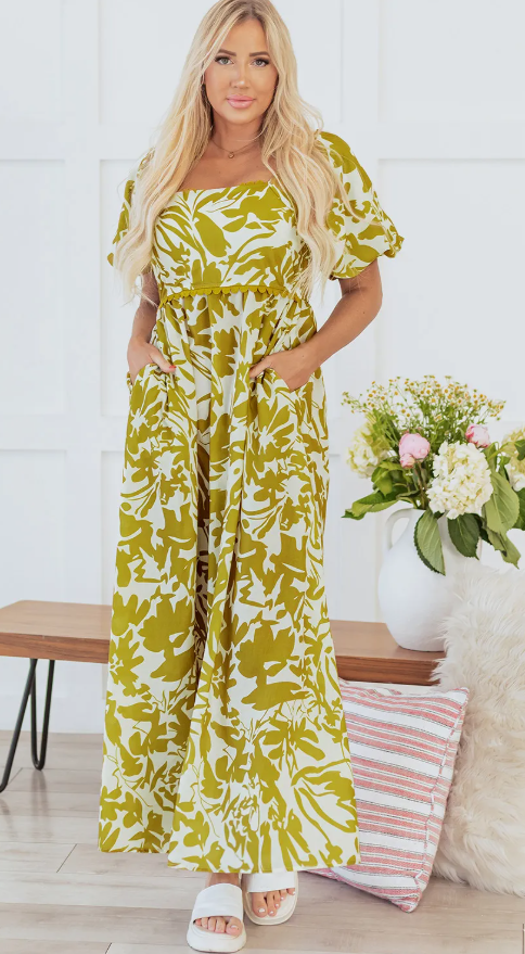 Green Scalloped Trim Square Neck High Waist Floral Maxi Dress