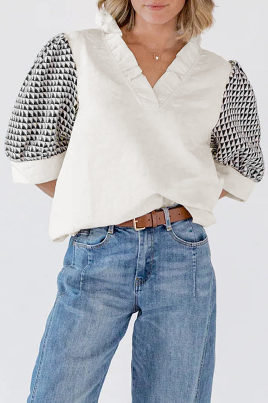 White Geometric Textured V Neck Blouse