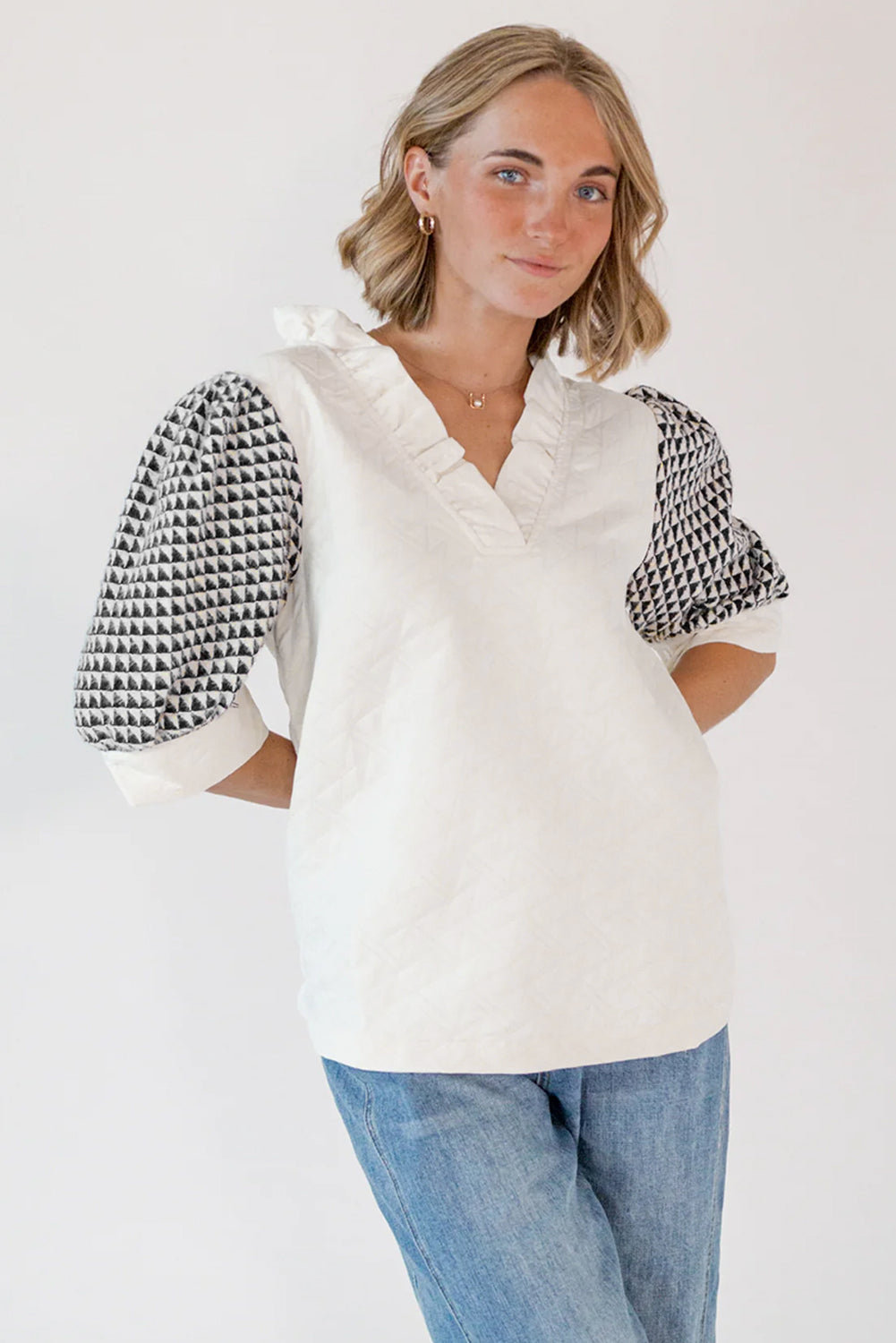 White Geometric Textured V Neck Blouse