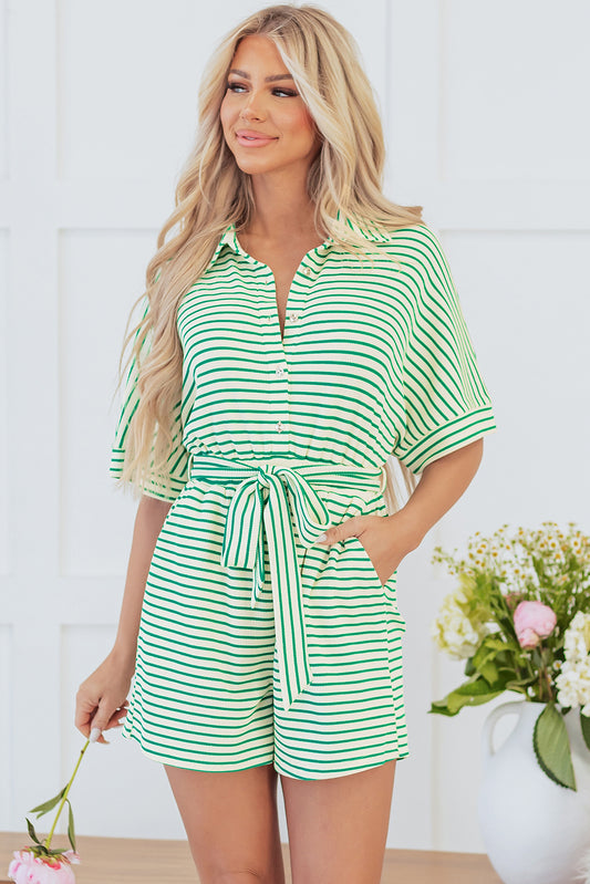 Green Stripe Waist Tie Romper