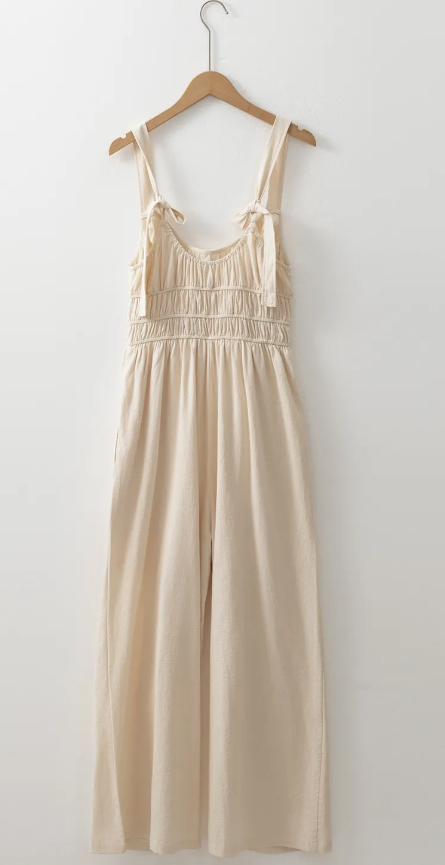 Beige Ruched High Waist Sleeveless Wide Leg Jumpsuit