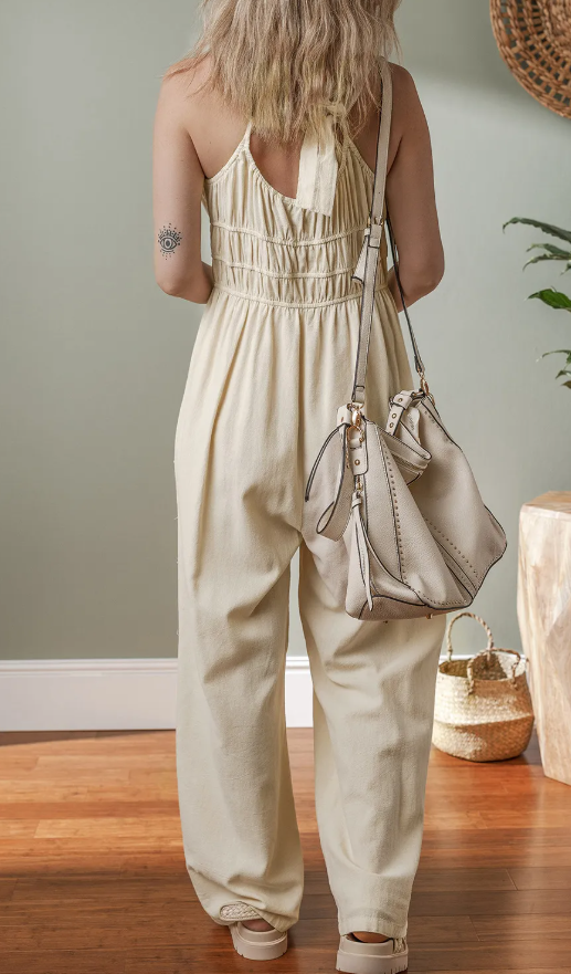 Beige Ruched High Waist Sleeveless Wide Leg Jumpsuit