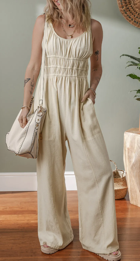 Beige Ruched High Waist Sleeveless Wide Leg Jumpsuit