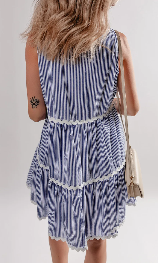 Blue Stripe V Neck Mini Dress