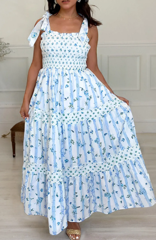 Blue Floral Tied Straps Maxi Dress