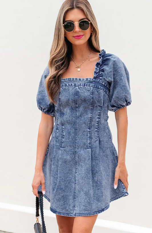 Bustier Puff Sleeve Denim Dress