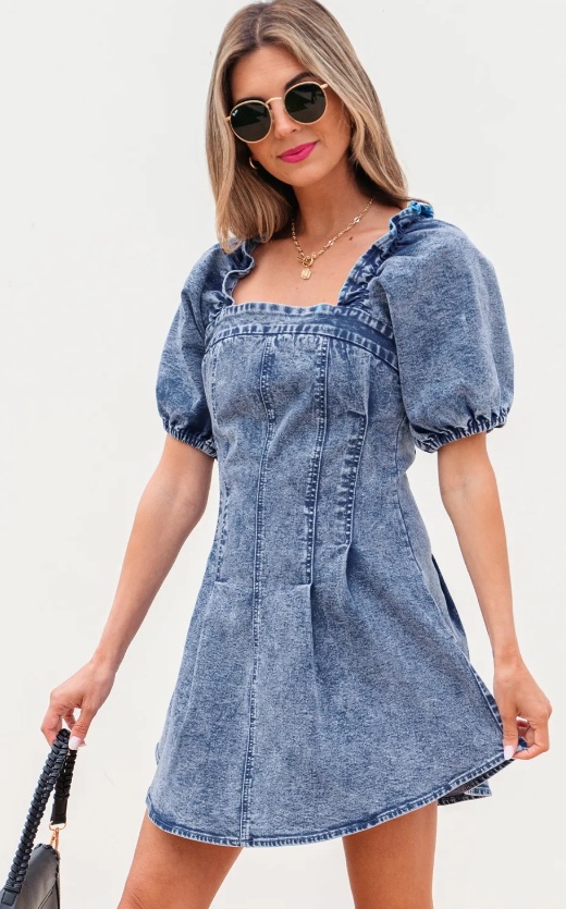 Bustier Puff Sleeve Denim Dress