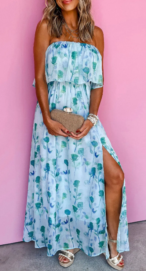 Green Floral Print Ruffled Side Slit Tube Top Maxi Dress