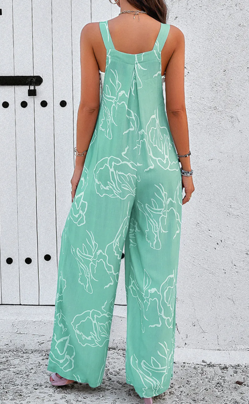 Moonlight Jade Printed Bib Wide Leg Overalls