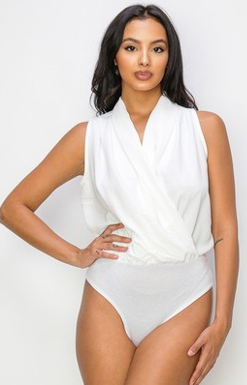 White- Bodysuit Surplice Drape Sleeveless