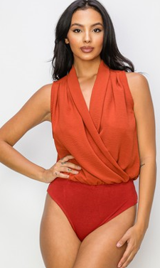 Burnt Orange- Bodysuit Surplice Drape Sleeveless