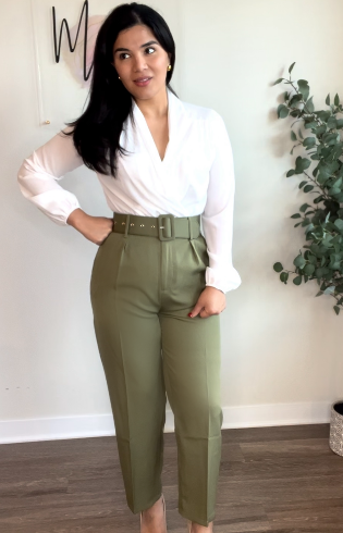 Olive High Waisted Pants With Belt