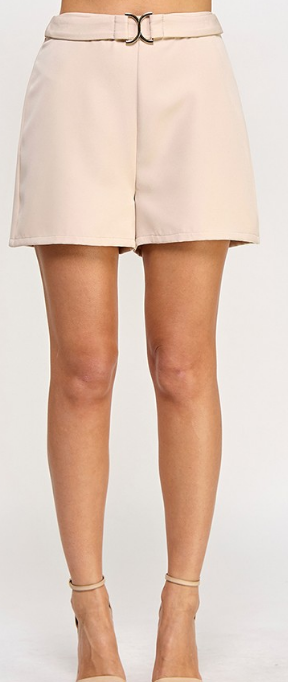 Taupe- Gold Buckle And Button Detail Shorts