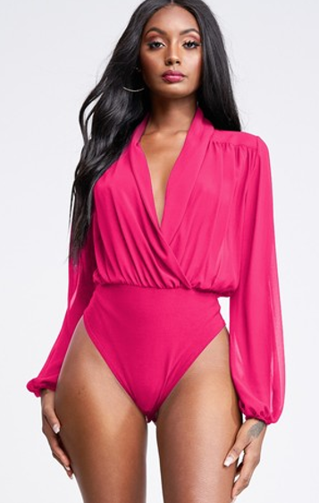 Fuchsia- Bodysuit Solid Chiffon Surplice