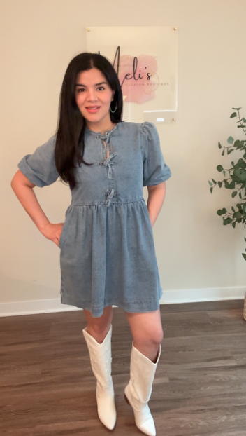 Bowknot Bubble Sleeve Denim Dress